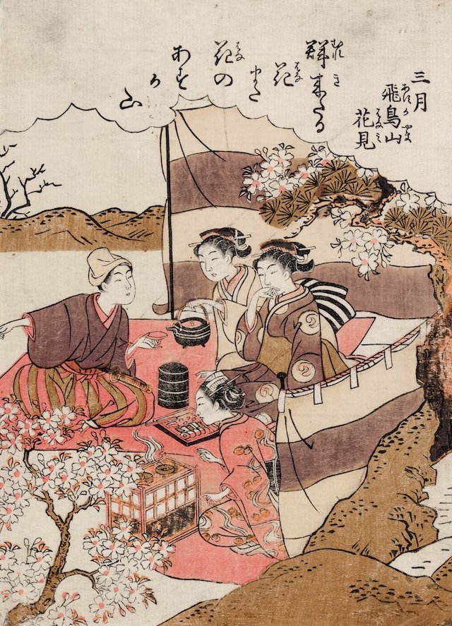 a Japanese art painting where women spending time together