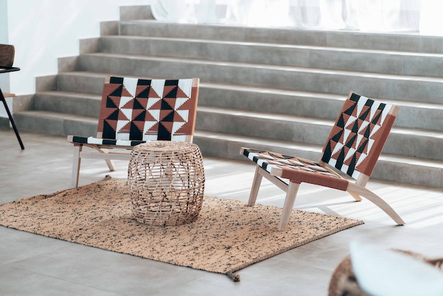 Chairs with African Style Pattern, Basket Table and Sandy Rug