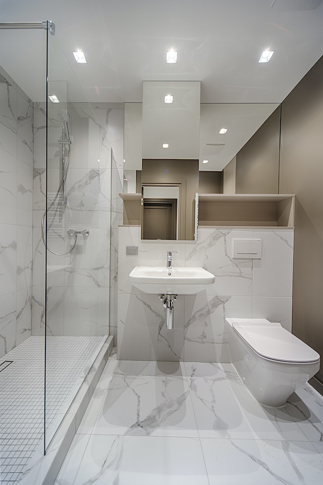 Marble interior of a bathroom with toilet